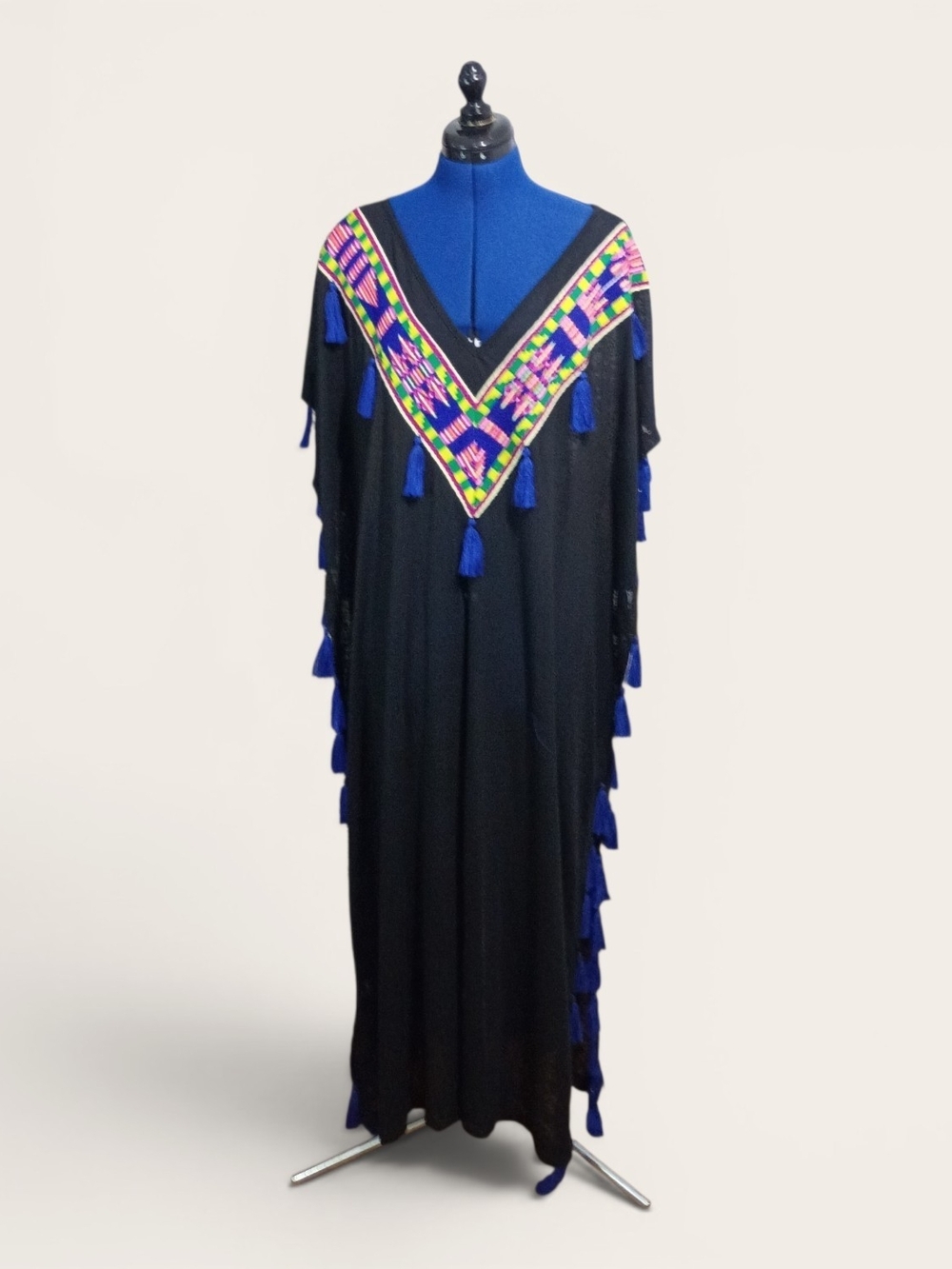 Pitusa Black Kaftan with Multicolor Embroidered V-Yoke and Blue Tassels